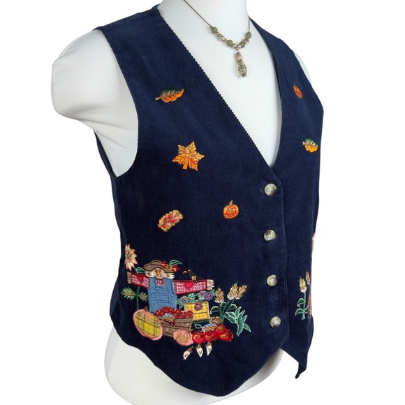 Victoria Jones Petites Fall Harvest Embroidered Corduroy Vest Pumpkins Scarecrow - Picture 3 of 8